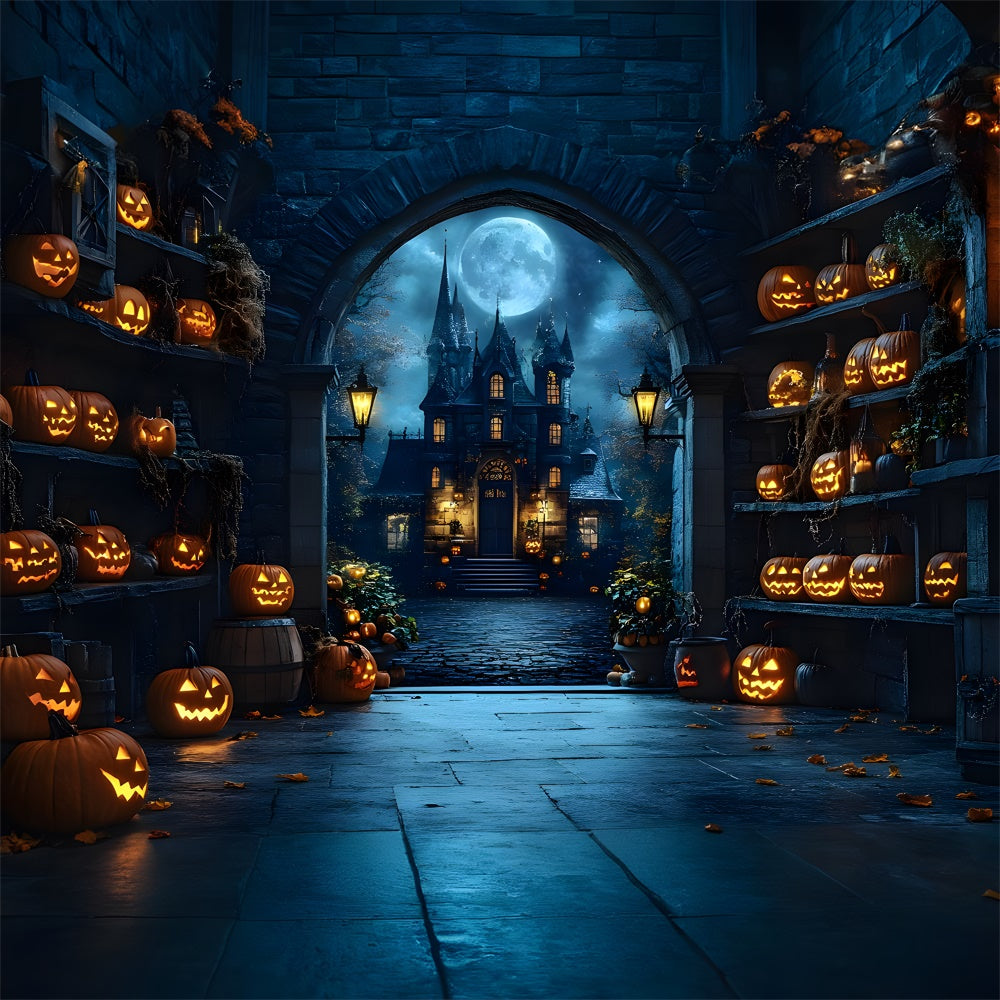 Halloween Spooky Castle Glowing Pumpkin Backdrop RR9-82