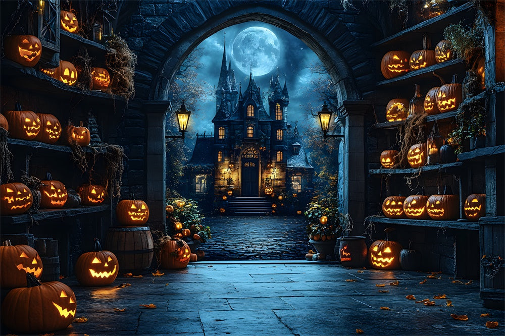 Halloween Spooky Castle Glowing Pumpkin Backdrop RR9-82