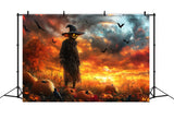 Halloween Sunset Bats Pumpkin Scarecrow Backdrop RR9-89