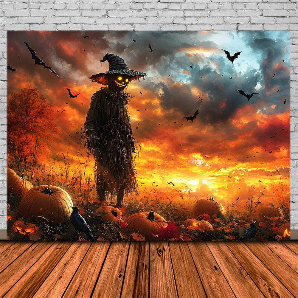 Halloween Sunset Bats Pumpkin Scarecrow Backdrop RR9-89