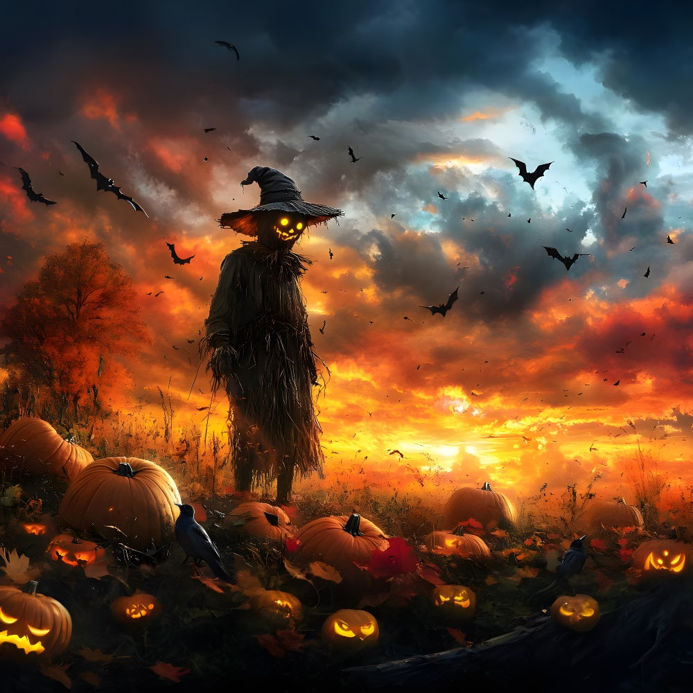 Halloween Sunset Bats Pumpkin Scarecrow Backdrop RR9-89