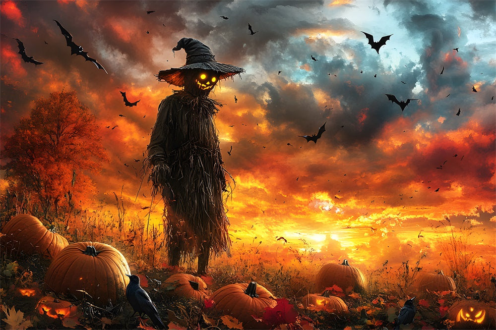 Halloween Sunset Bats Pumpkin Scarecrow Backdrop RR9-89