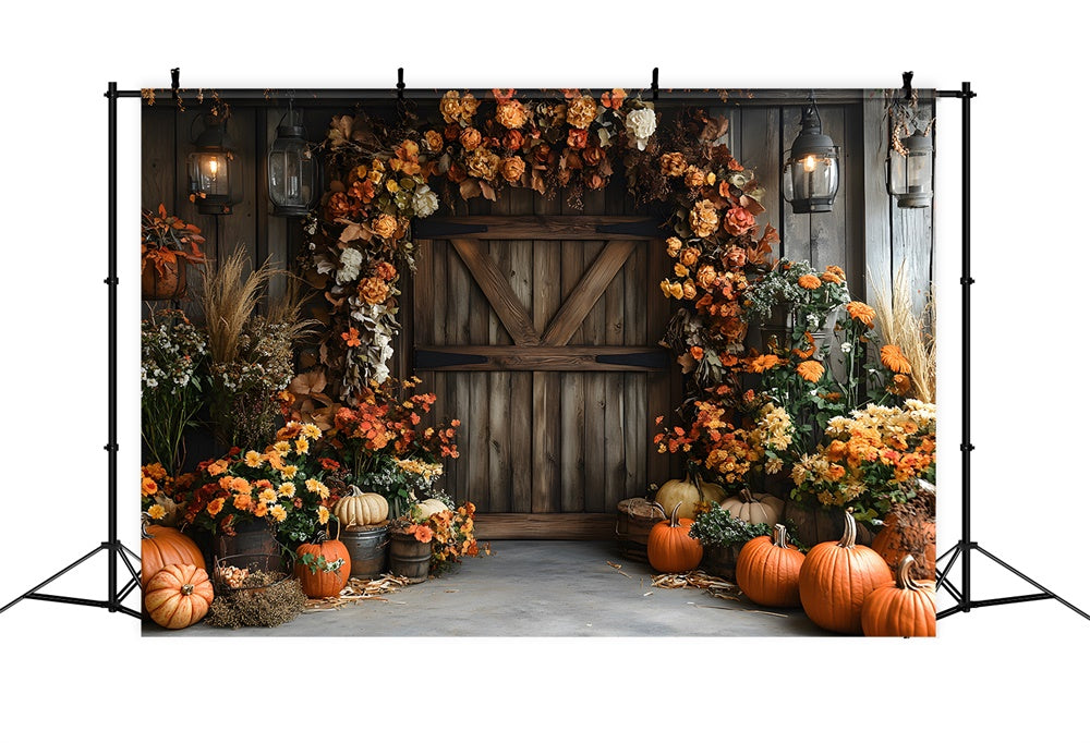 Fall Rustic Barn Door Dried Flowers Backdrop RR9-9