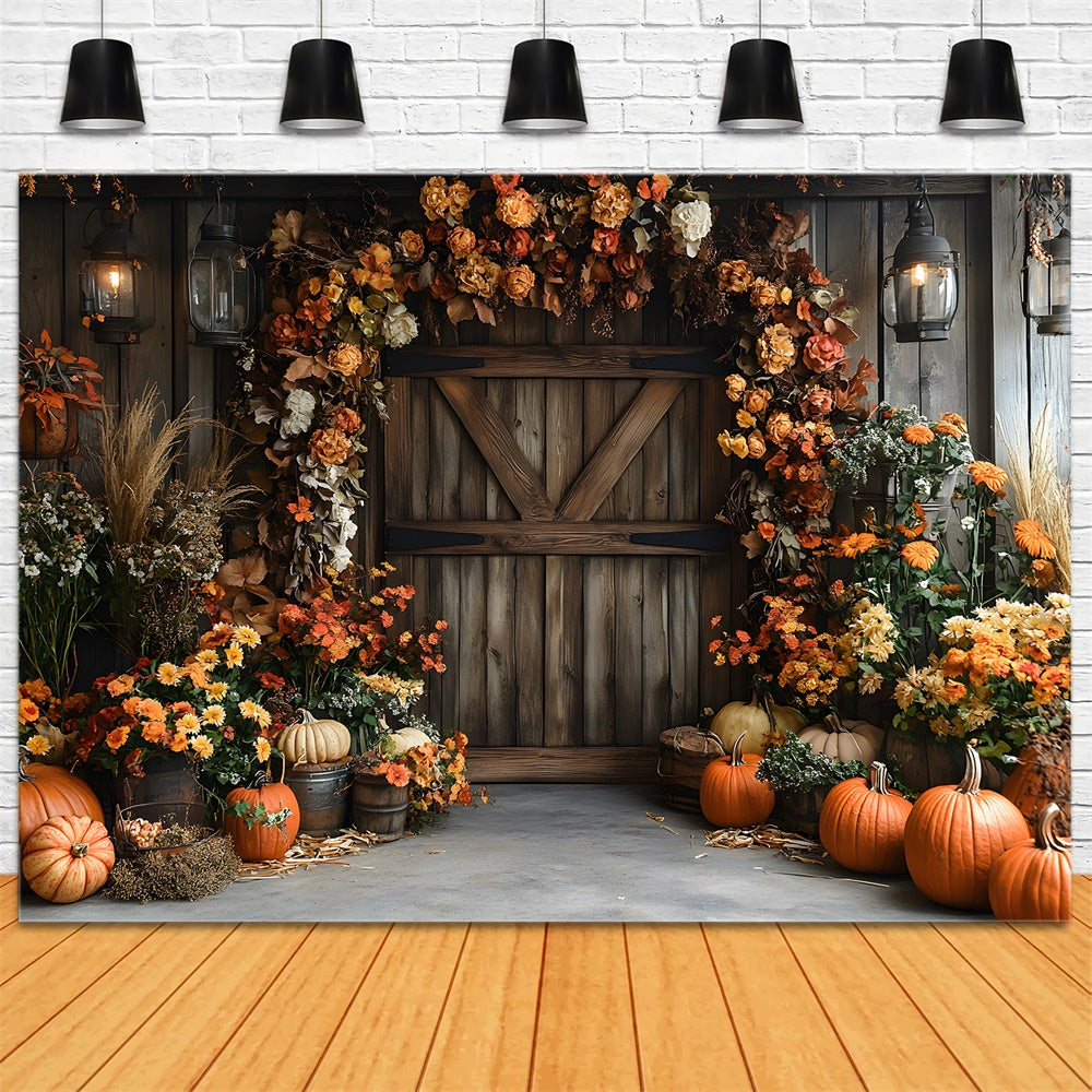 Fall Rustic Barn Door Dried Flowers Backdrop RR9-9