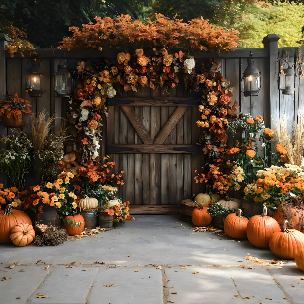 Fall Rustic Barn Door Dried Flowers Backdrop RR9-9