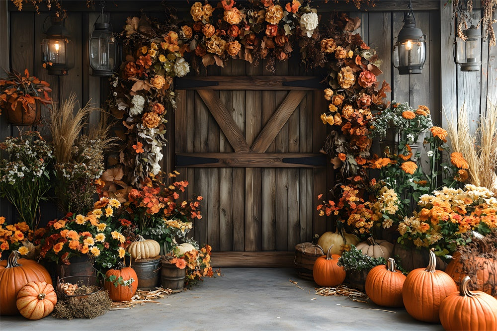 Fall Rustic Barn Door Dried Flowers Backdrop RR9-9