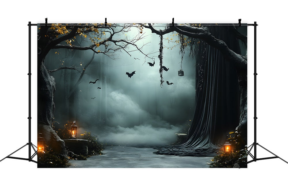 Halloween Foggy Trees Bats Lanterns Backdrop RR9-91