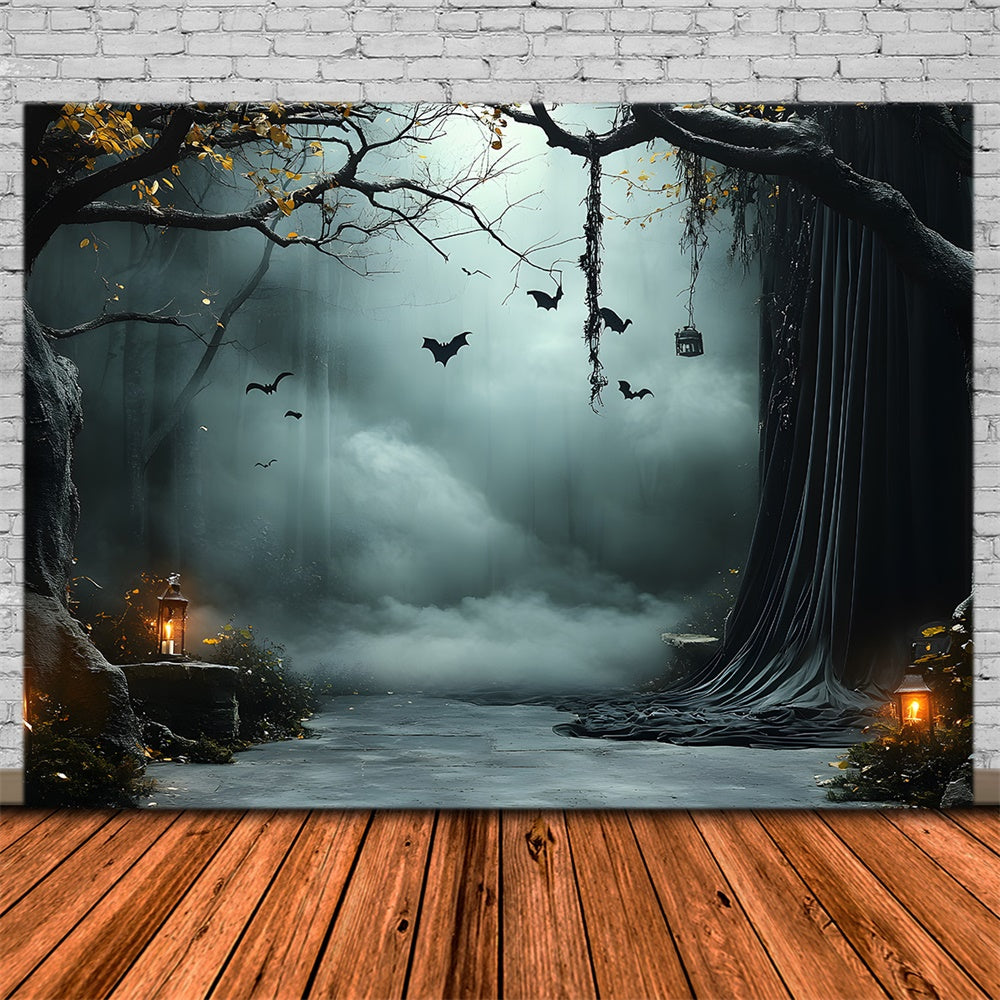 Halloween Foggy Trees Bats Lanterns Backdrop RR9-91