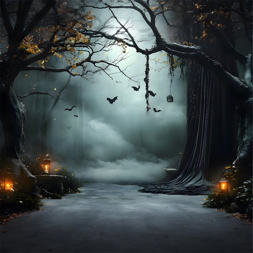 Halloween Foggy Trees Bats Lanterns Backdrop RR9-91