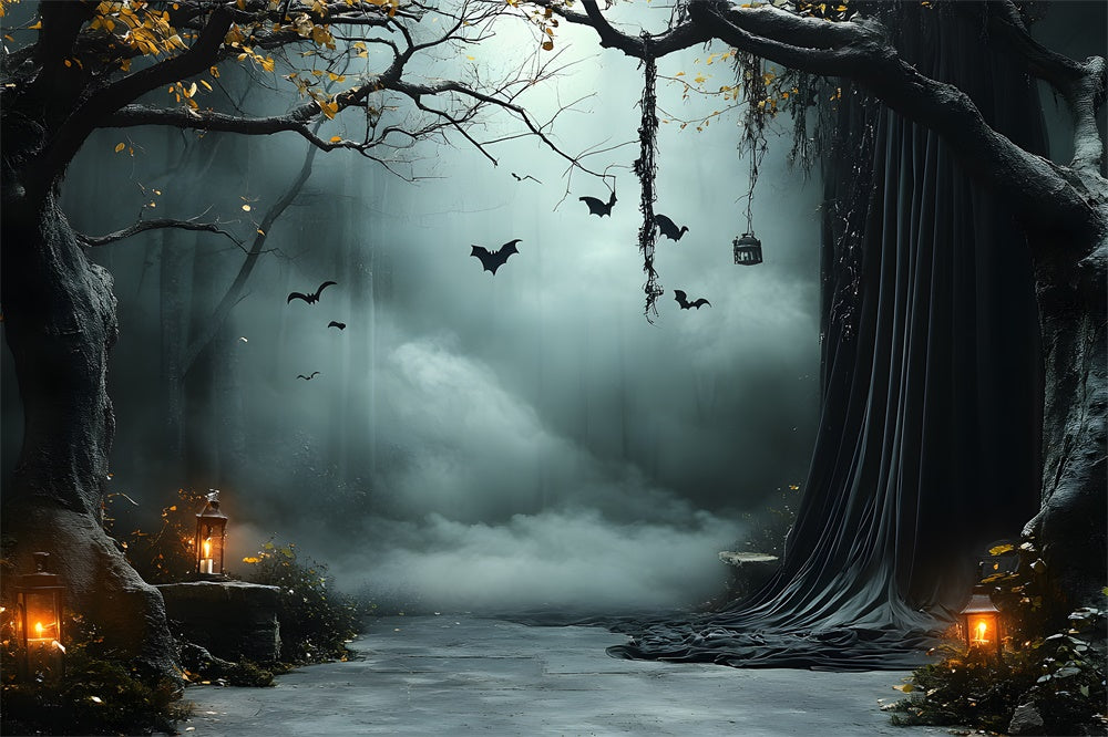 Halloween Foggy Trees Bats Lanterns Backdrop RR9-91