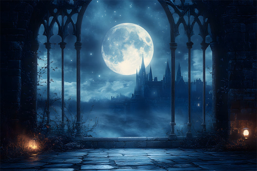 Halloween Haunted Castle Moon Night Backdrop RR9-94