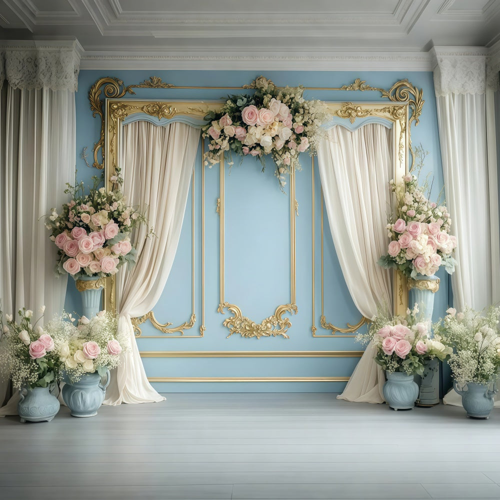 Backdrops For Spring Romantic Flower Golden Frame Backdrop TWW2-28