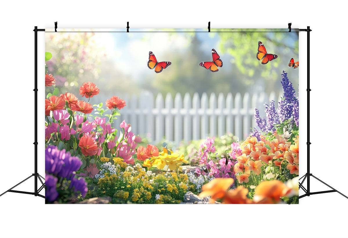 Spring Floral Backdrop Butterfly Garden White Fence Backdrop TWW2-34