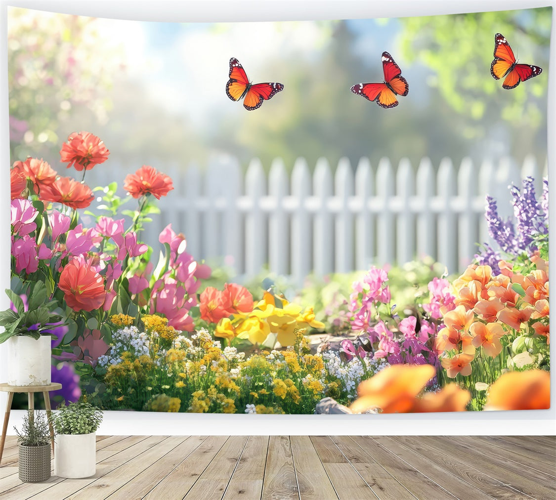 Spring Floral Backdrop Butterfly Garden White Fence Backdrop TWW2-34