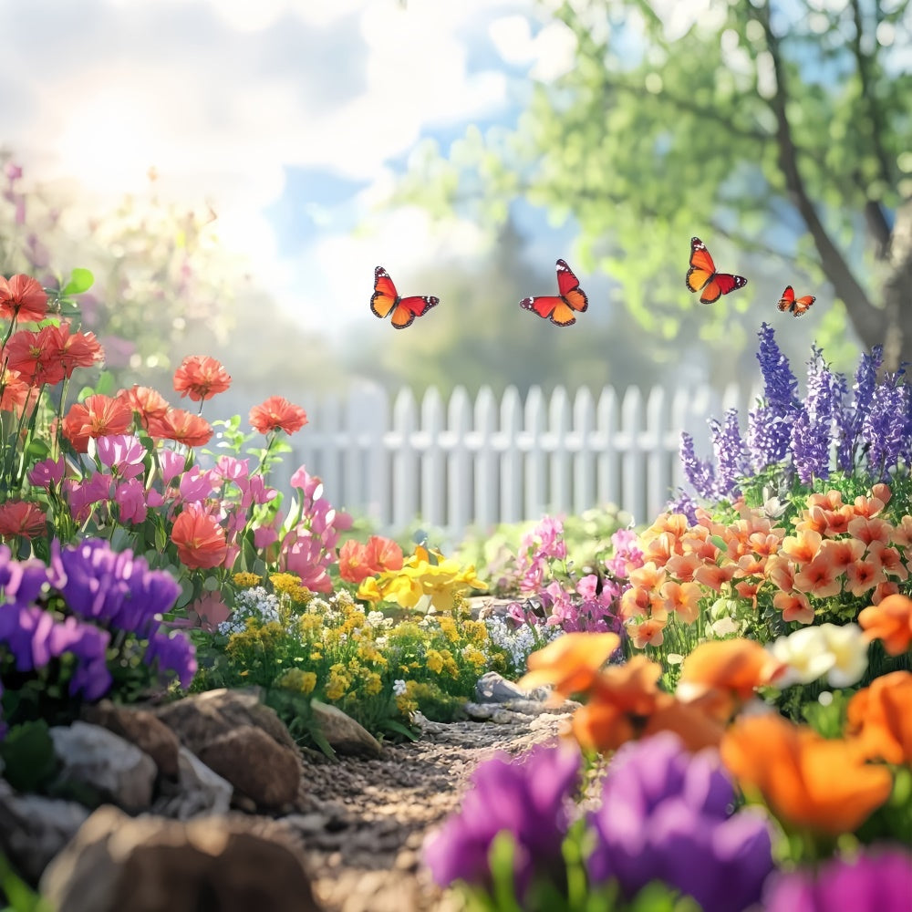 Spring Floral Backdrop Butterfly Garden White Fence Backdrop TWW2-34