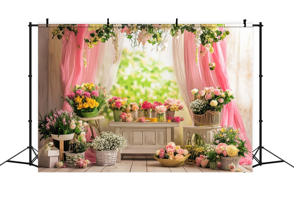 Backdrops For Spring Charming Floral Pink Drapes Backdrop TWW2-35