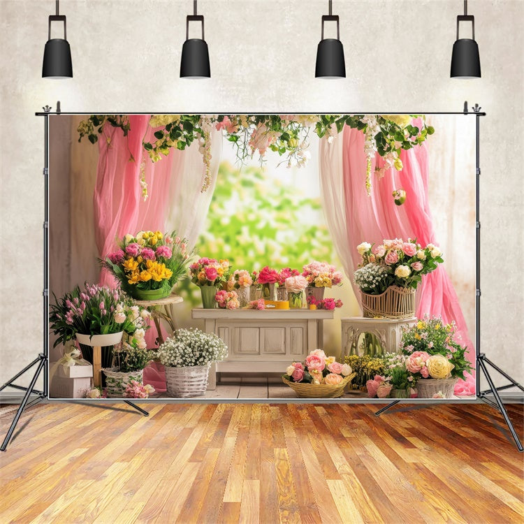 Backdrops For Spring Charming Floral Pink Drapes Backdrop TWW2-35