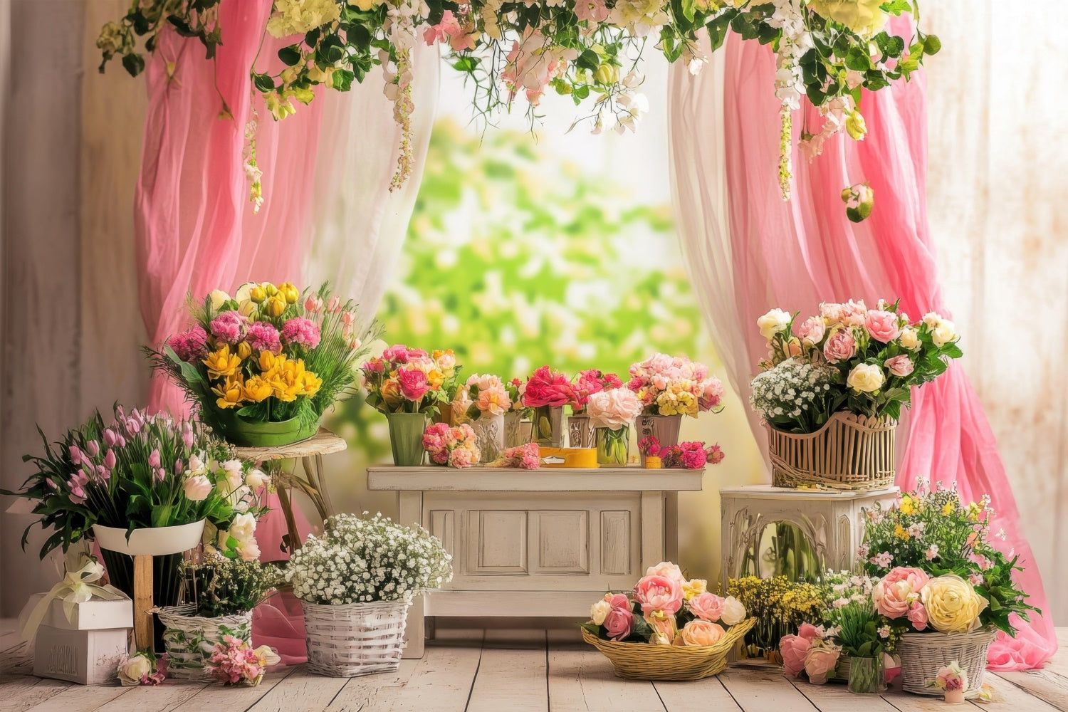 Backdrops For Spring Charming Floral Pink Drapes Backdrop TWW2-35