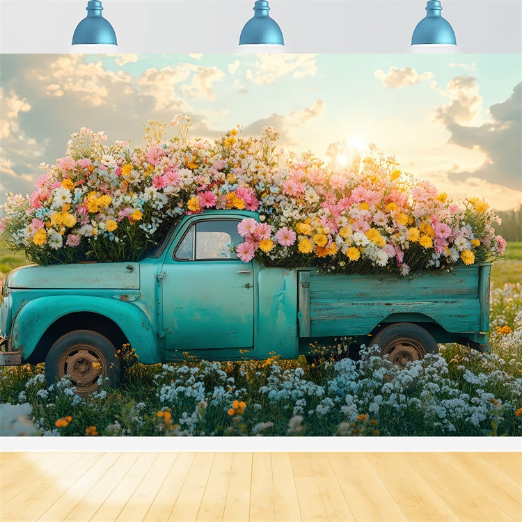 Spring Backdrops Vintage Truck Vibrant Wildflowers Backdrop TWW2-40