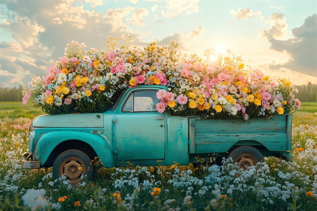 Spring Backdrops Vintage Truck Vibrant Wildflowers Backdrop TWW2-40