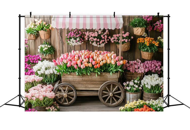 Spring Floral Backdrop Rustic Wooden Cart Tulip Backdrop TWW2-5