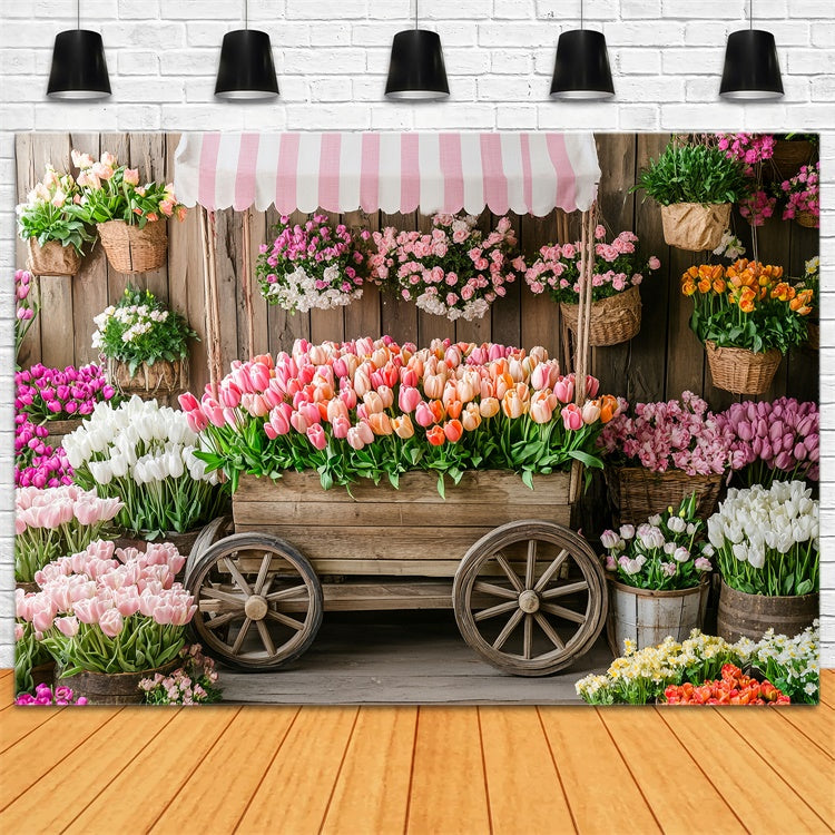 Spring Floral Backdrop Rustic Wooden Cart Tulip Backdrop TWW2-5