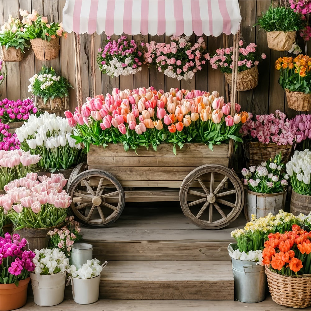 Spring Floral Backdrop Rustic Wooden Cart Tulip Backdrop TWW2-5