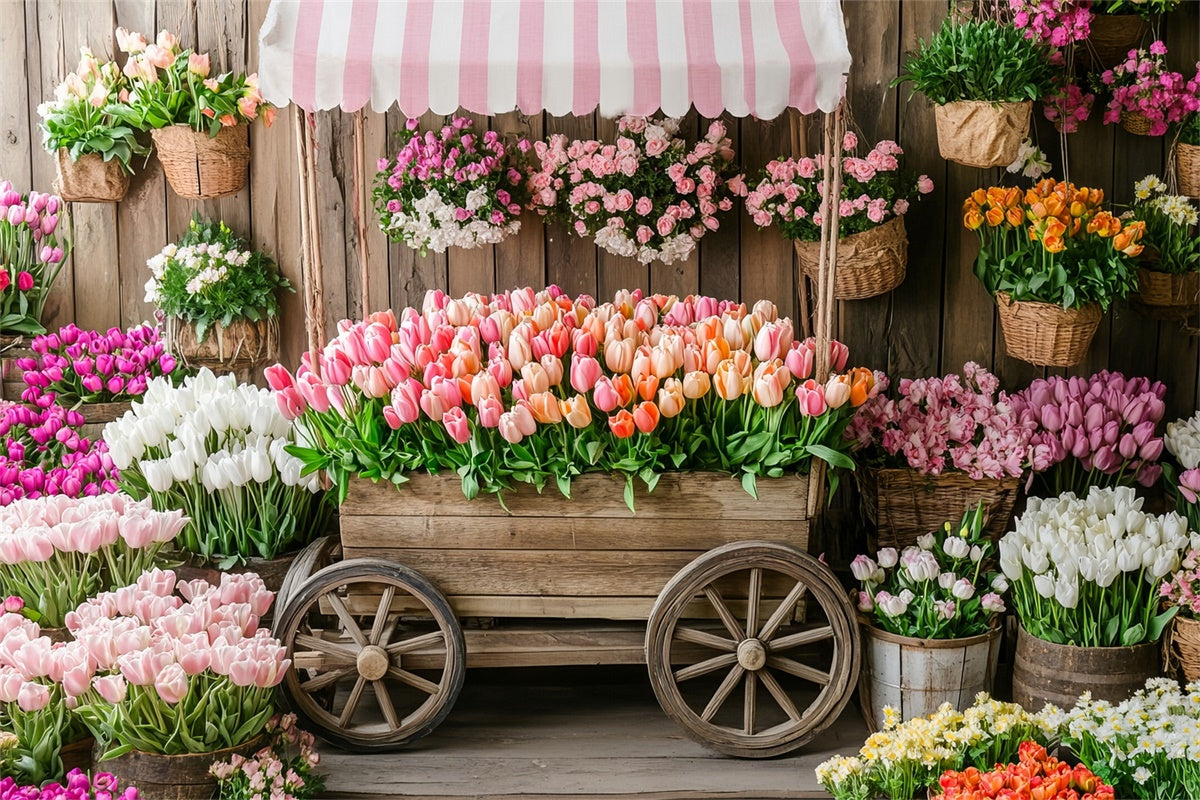 Spring Floral Backdrop Rustic Wooden Cart Tulip Backdrop TWW2-5