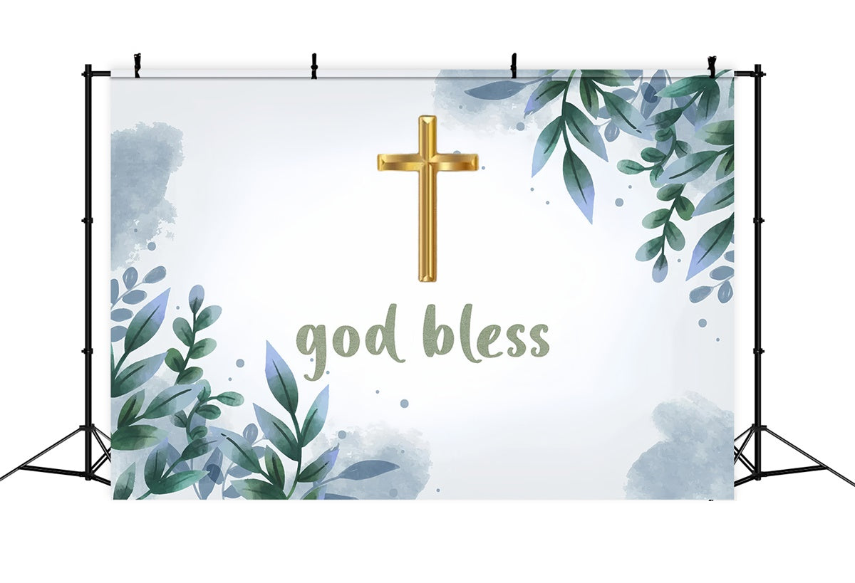 Baptism Backdrop Watercolor Greenery Gold Cross Backdrop XY2-113