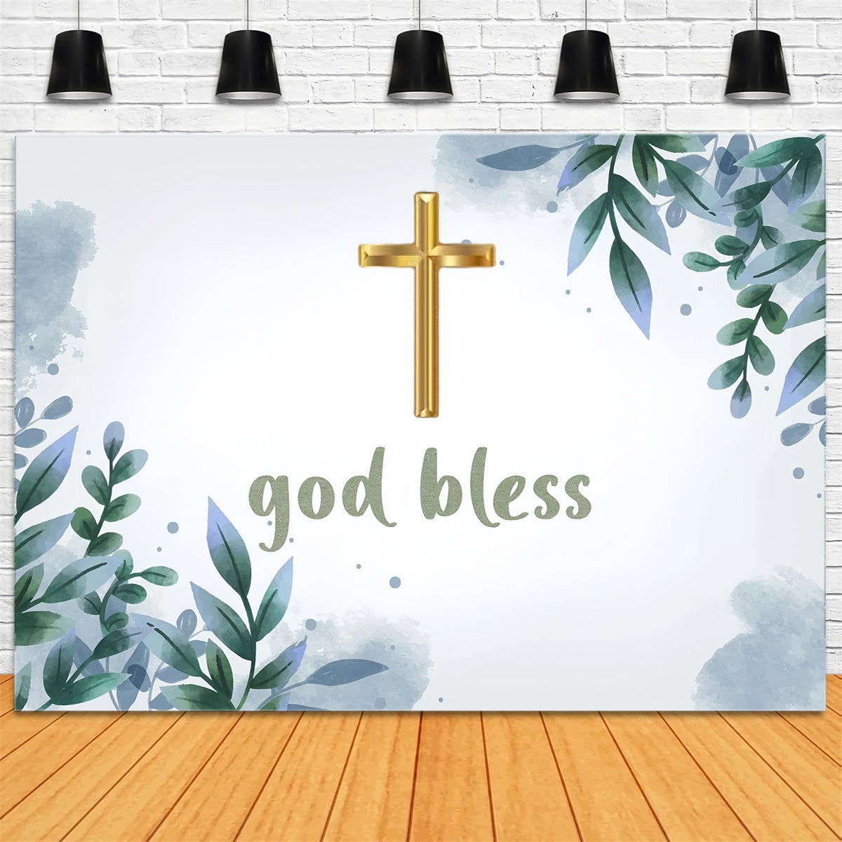 Baptism Backdrop Watercolor Greenery Gold Cross Backdrop XY2-113