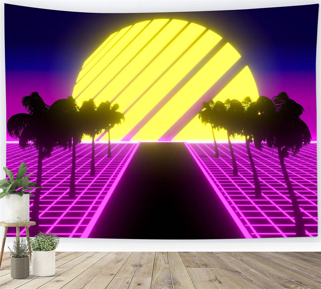 Dance Photo Backdrop Neon Glow Palm Tree Road Backdrop XY2-122