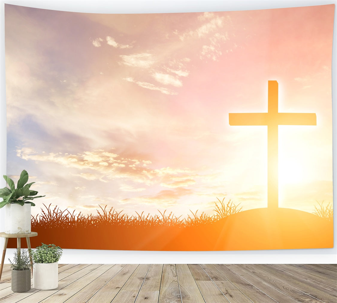 Memorial Backdrop Sunrise Cross Hopeful Glow Backdrop XY2-143