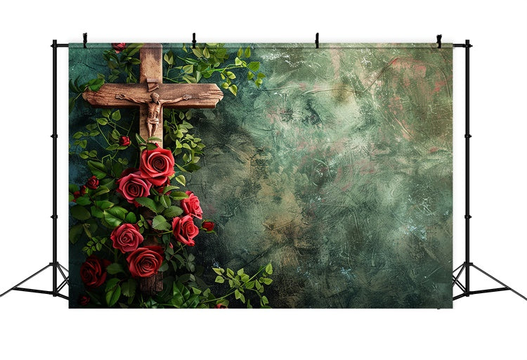 Memorial Backdrop Ideas Vintage Cross Red Roses Backdrop XY2-146