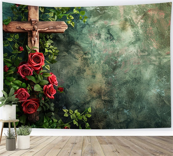 Memorial Backdrop Ideas Vintage Cross Red Roses Backdrop XY2-146