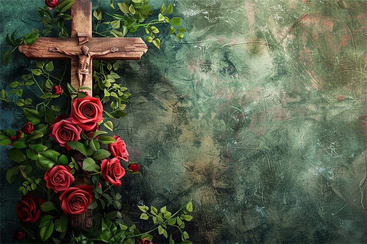 Memorial Backdrop Ideas Vintage Cross Red Roses Backdrop XY2-146