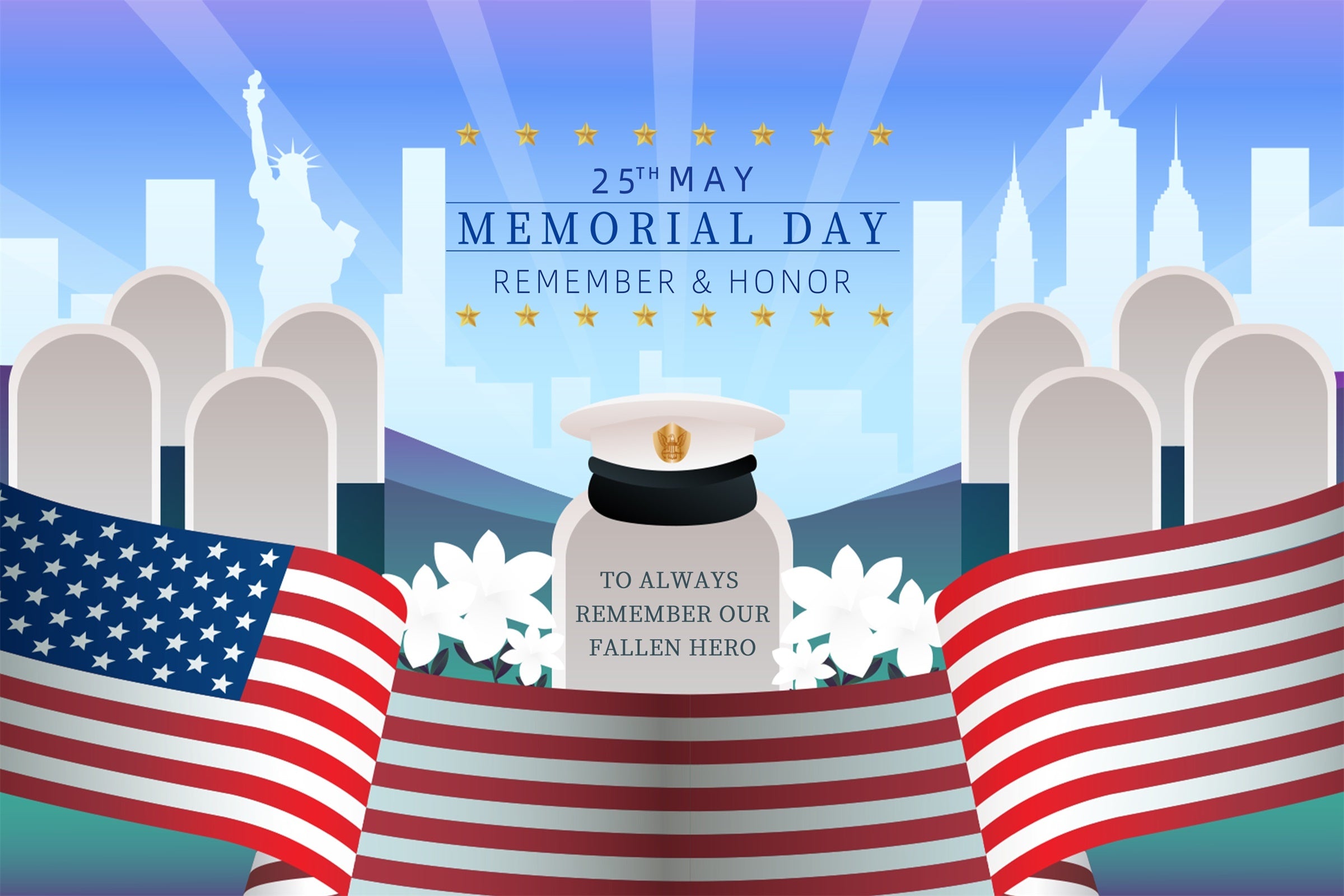 Memorial Day Backdrops Patriotic Tribute Statue Liberty Backdrop XY2-35