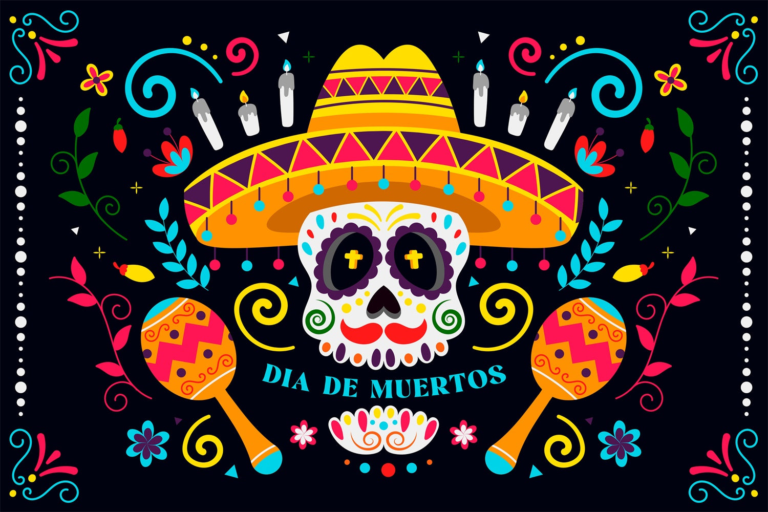 Mexican Fiesta Backdrops Colorful Skull Sombrero Backdrop XY2-95