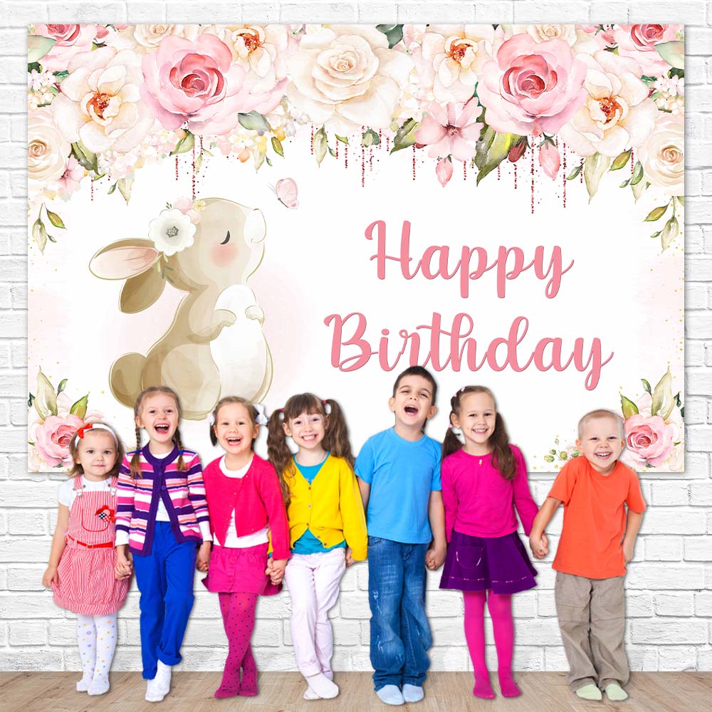 Flower Cute Rabbit Custom Birthday Party Backdrop M-02