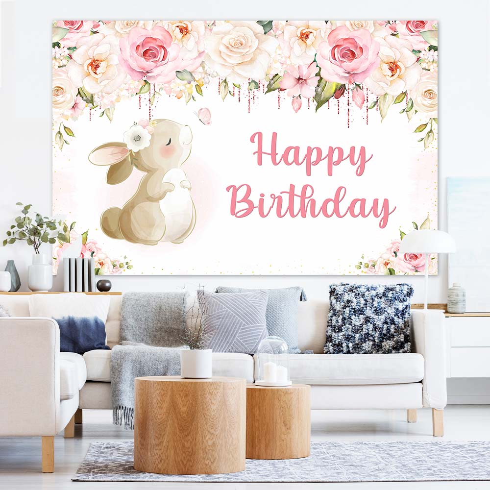 Flower Cute Rabbit Custom Birthday Party Backdrop M-02