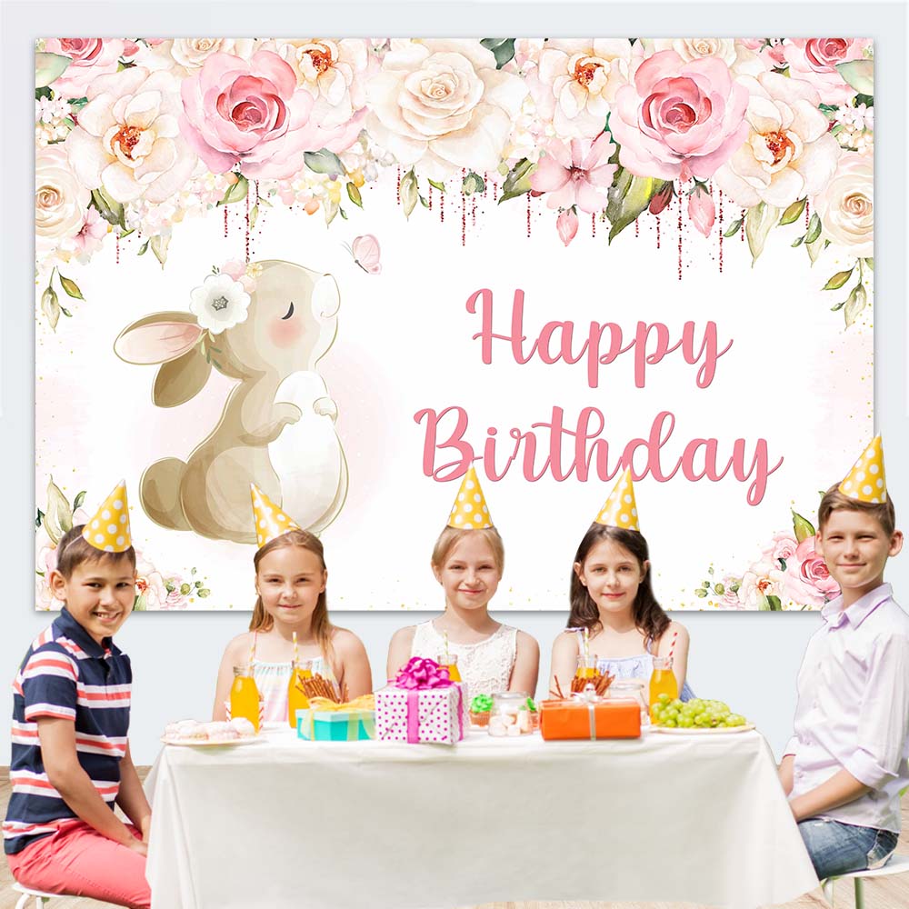 Flower Cute Rabbit Custom Birthday Party Backdrop M-02