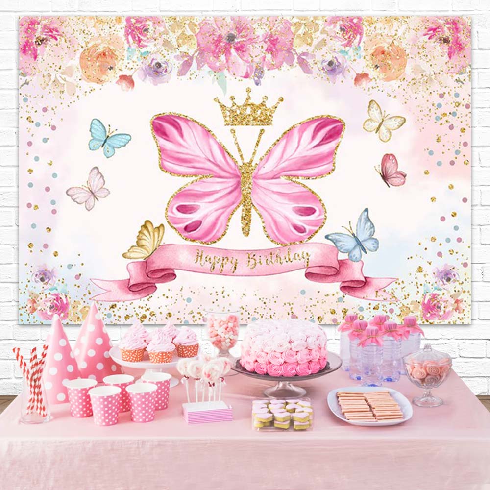 Pink Butterfly Flowers Custom Birthday Backdrop D780