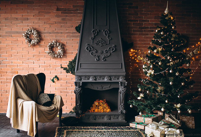 Fireplace Christmas Tree Photography Backdrops M1