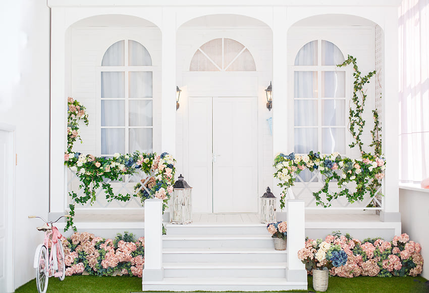 House Doorway Flowers Decorated Door Backdrop