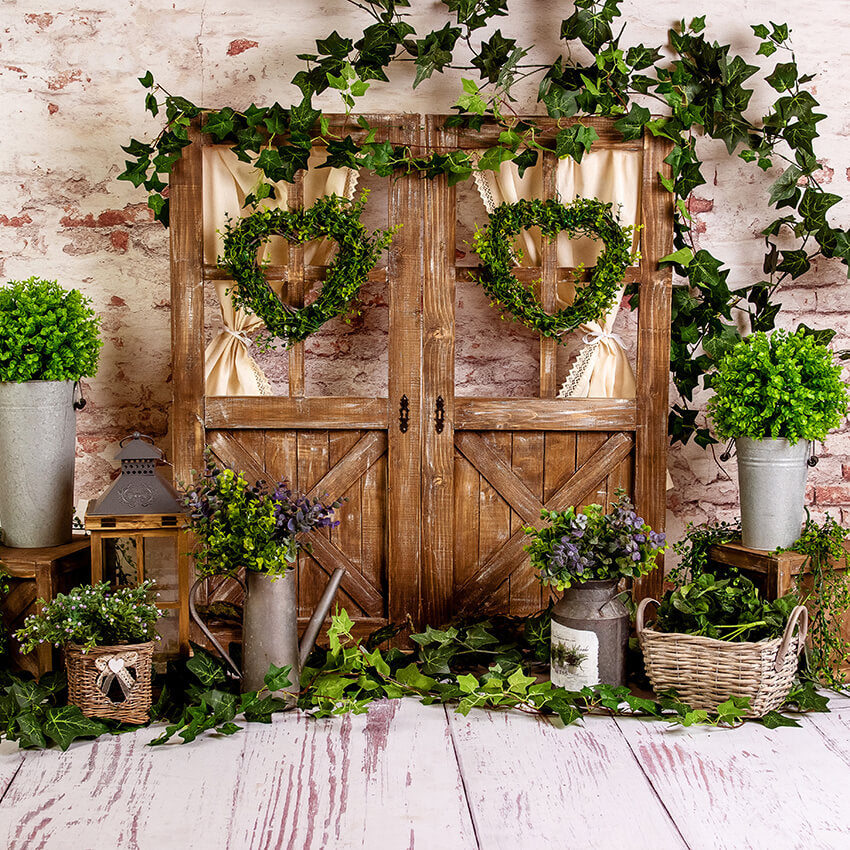 Spring Green Plants Wood Window Backdrop D1052