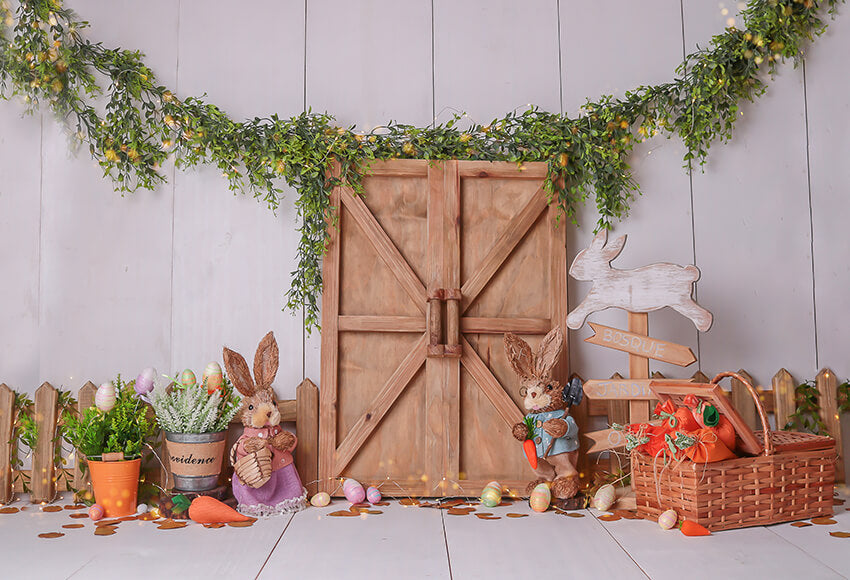 Barn Door Bunny Flowers Easter Backdrop D1058 – Dbackdrop