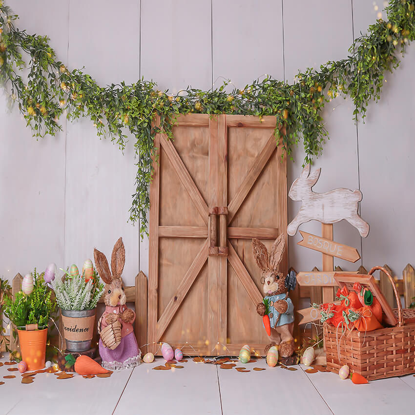 Barn Door Bunny Flowers Easter Backdrop D1058