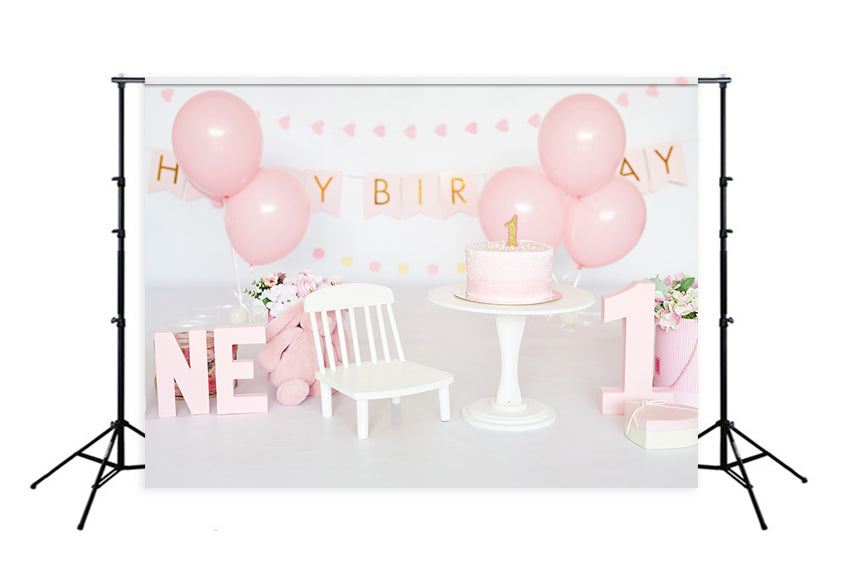 1st Birthday Girl Balloons Cake Pink Photo Backdrop D282