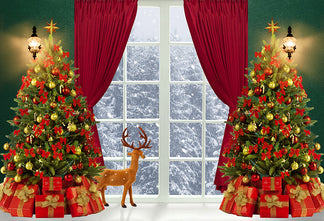 Christmas Tree White Window Red Curtain Backdrop D918 – Dbackdrop