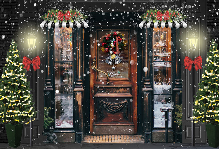 Snowy Winter Christmas Shop Door Backdrop D928 – Dbackdrop