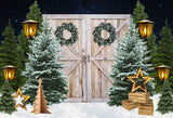 Xmas Tree Wood Door Lights Backdrop